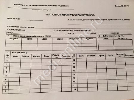 Образец карты профилактических прививок в Москве